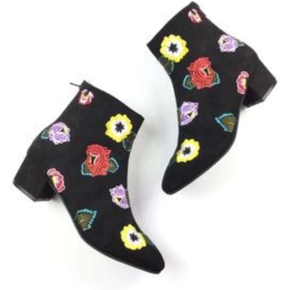 Betsey Johnson Black Ankle Boots with Multicolor Floral Embroidery